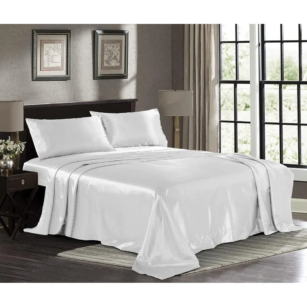 Satin Sheets Full Size 4-Piece, White Hotel Luxury Silky Bed Sheets - Extra Soft
